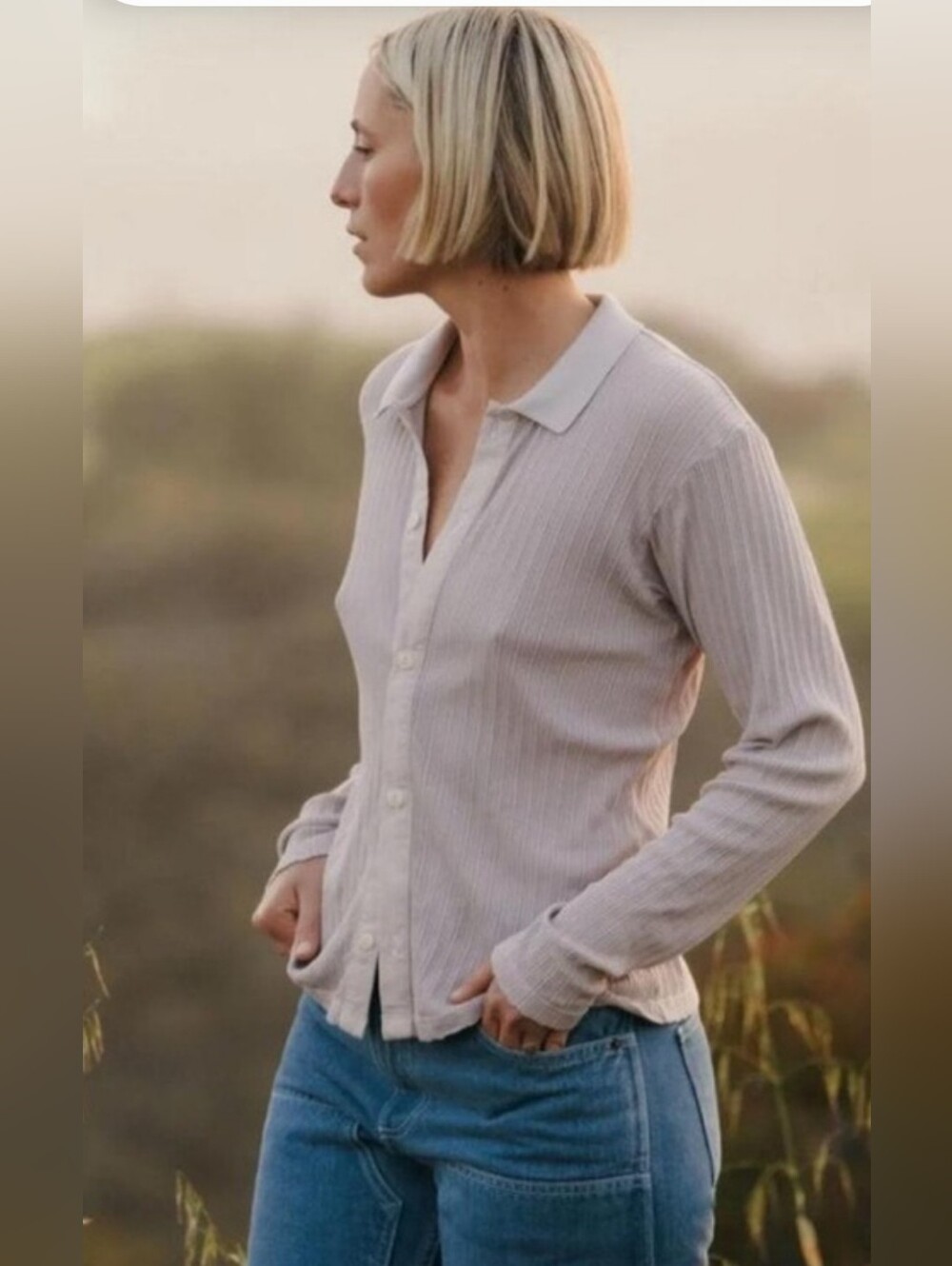 Rudy Jude Pale Pink Ribbed Button-Down Top, Size M.
